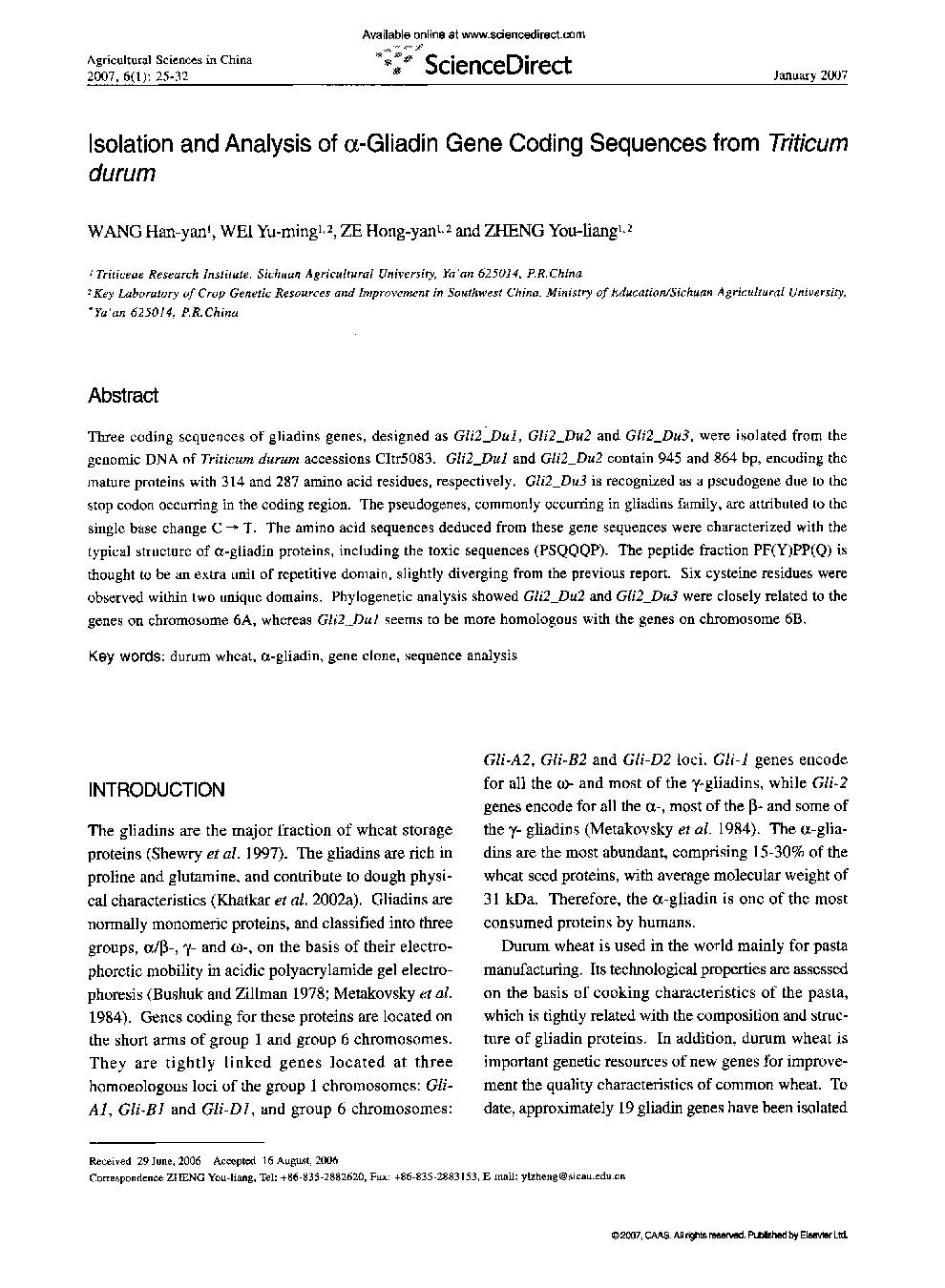 Isolation and Analysis of α-Gliadin Gene Coding Sequences from Triticum durum