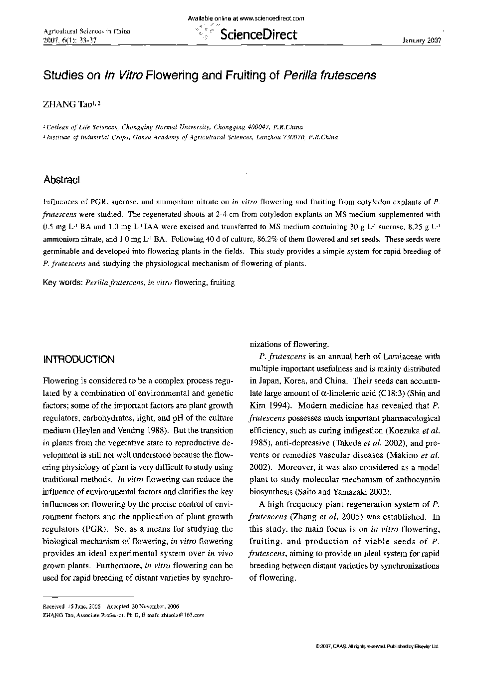 Studies on In Vitro Flowering and Fruiting of Perilla frutescens