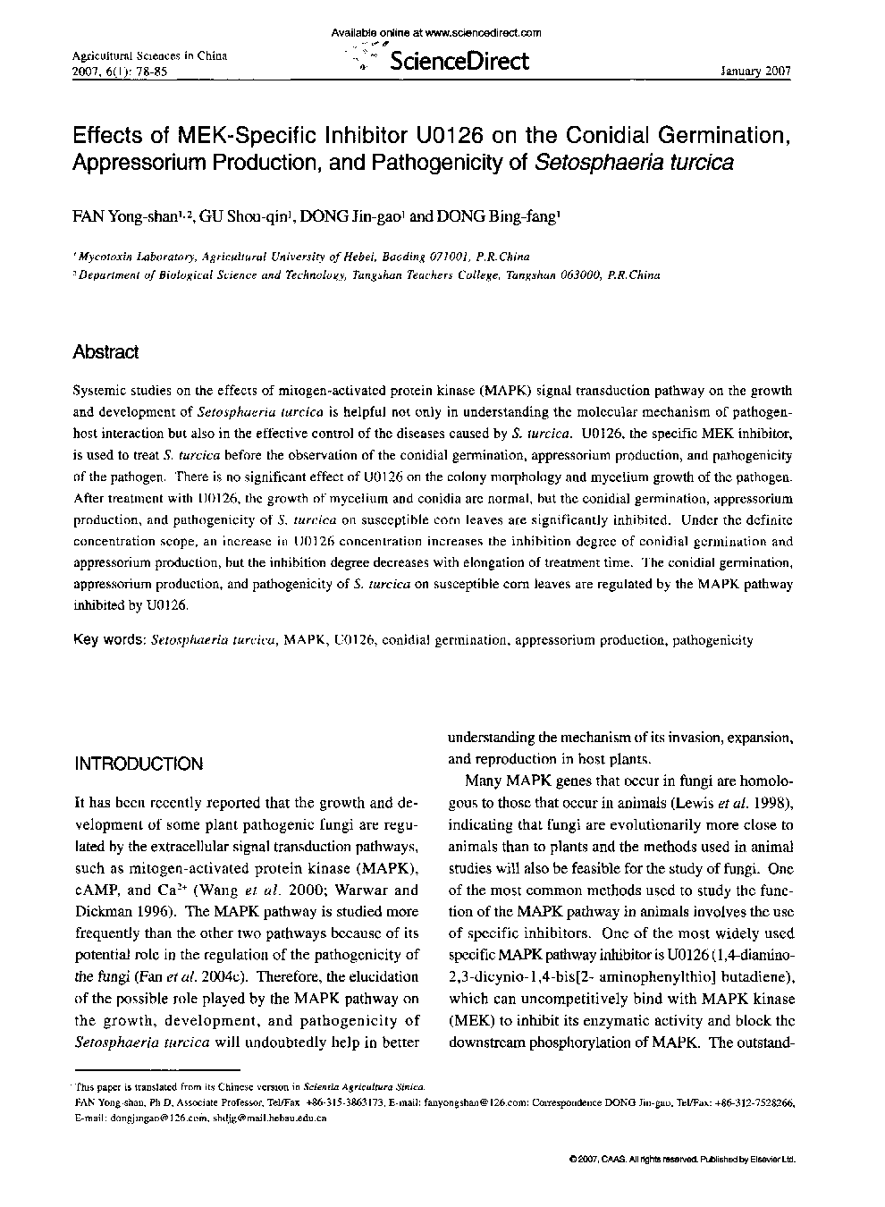 Effects of MEK-Specific Inhibitor U0126 on the Conidial Germination, Appressorium Production, and Pathogenicity of Setosphaeria turcica 