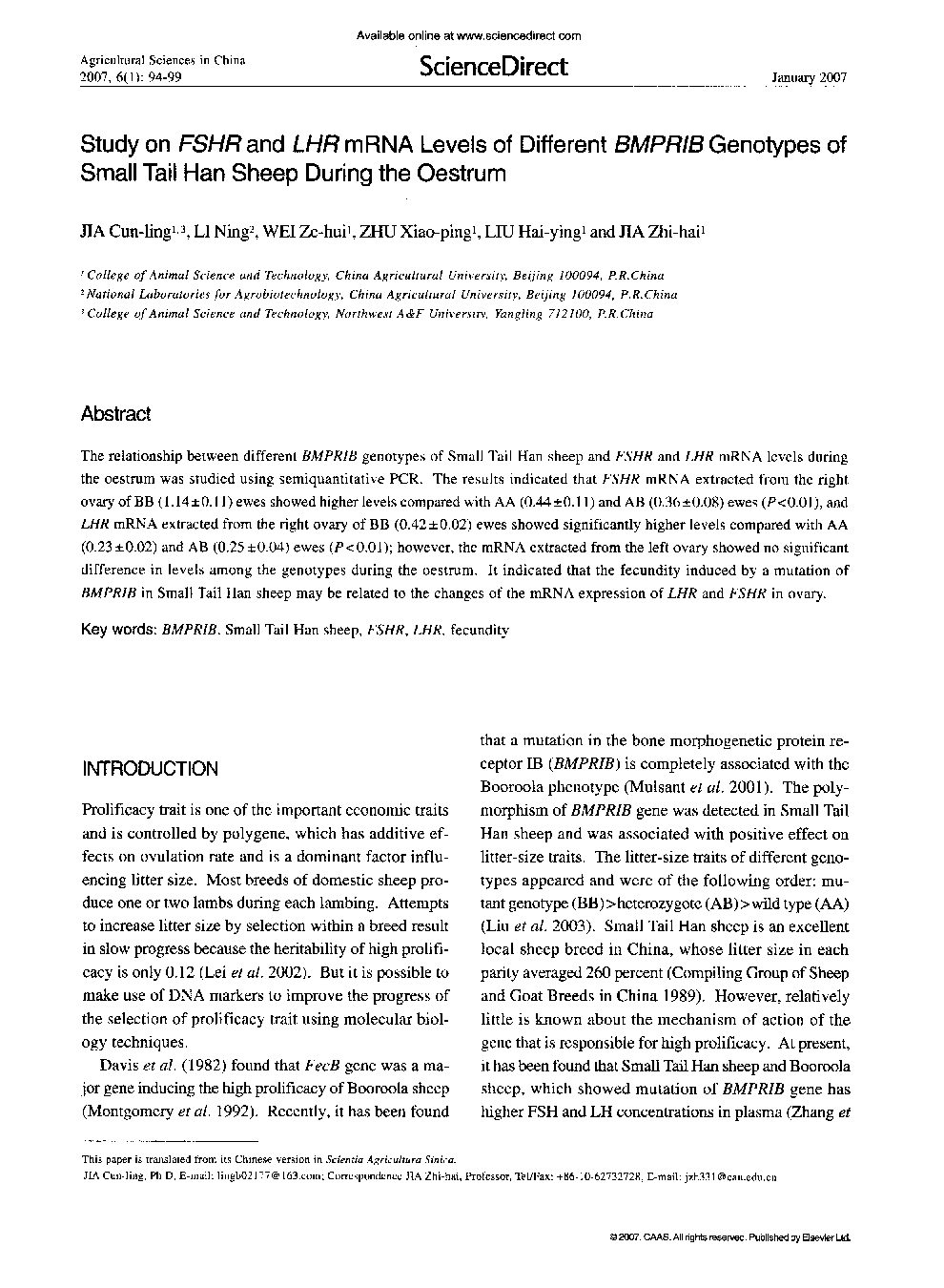 Study on FSHR and LHR mRNA Levels of Different BMPRIB Genotypes of Small Tail Han Sheep During the Oestrum 