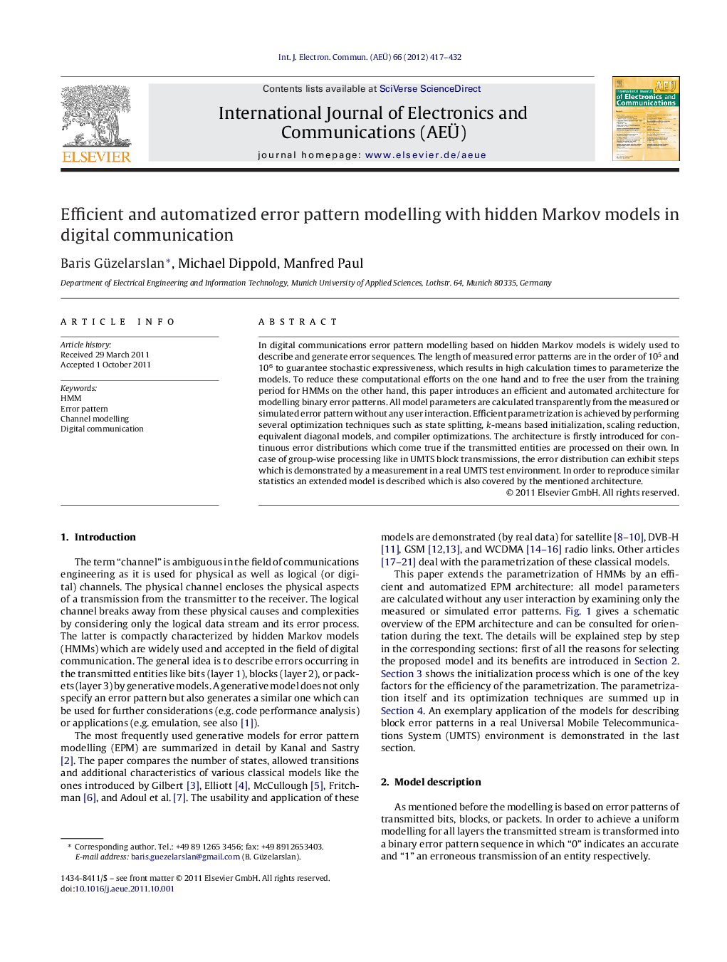 Efficient and automatized error pattern modelling with hidden Markov models in digital communication