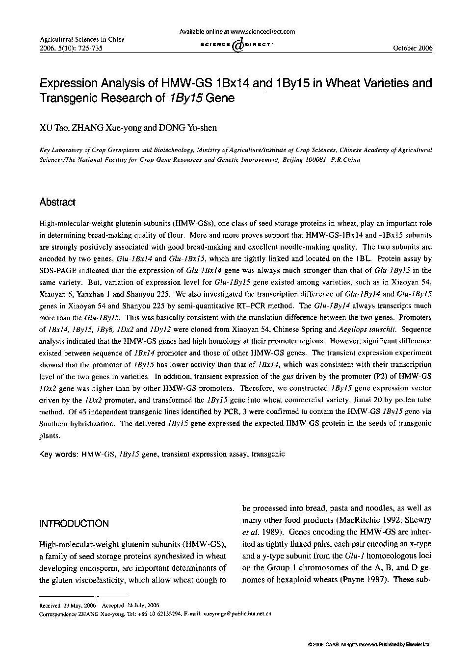 Expression Analysis of HMW-GS 1Bx14 and 1By15 in Wheat Varieties and Transgenic Research of 1By15 Gene