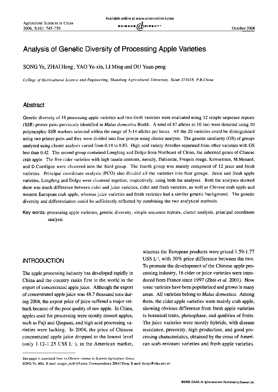 Analysis of Genetic Diversity of Processing Apple Varieties 