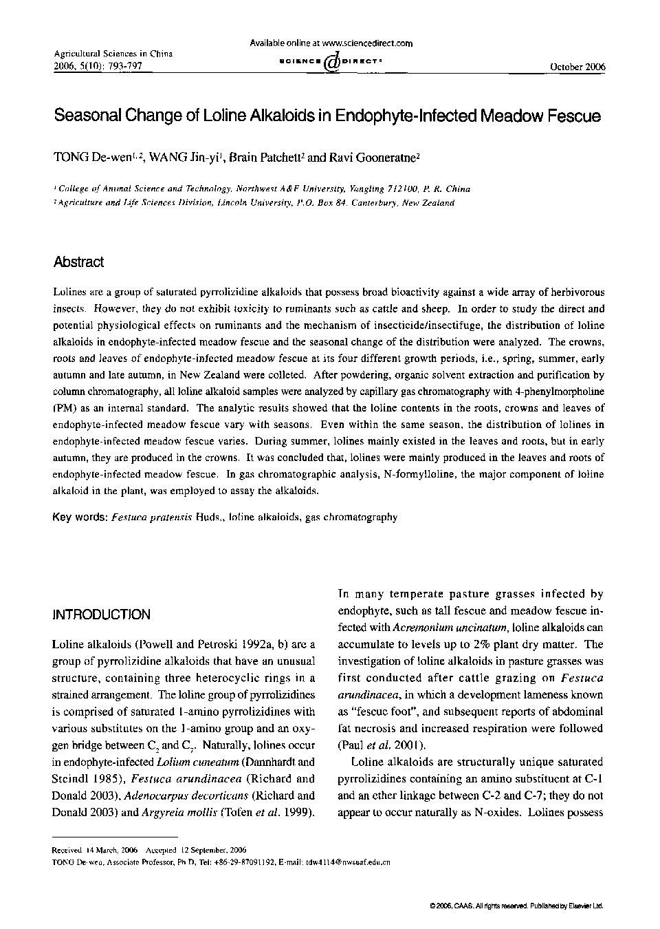 Seasonal Change of Loline Alkaloids in Endophyte-Infected Meadow Fescue