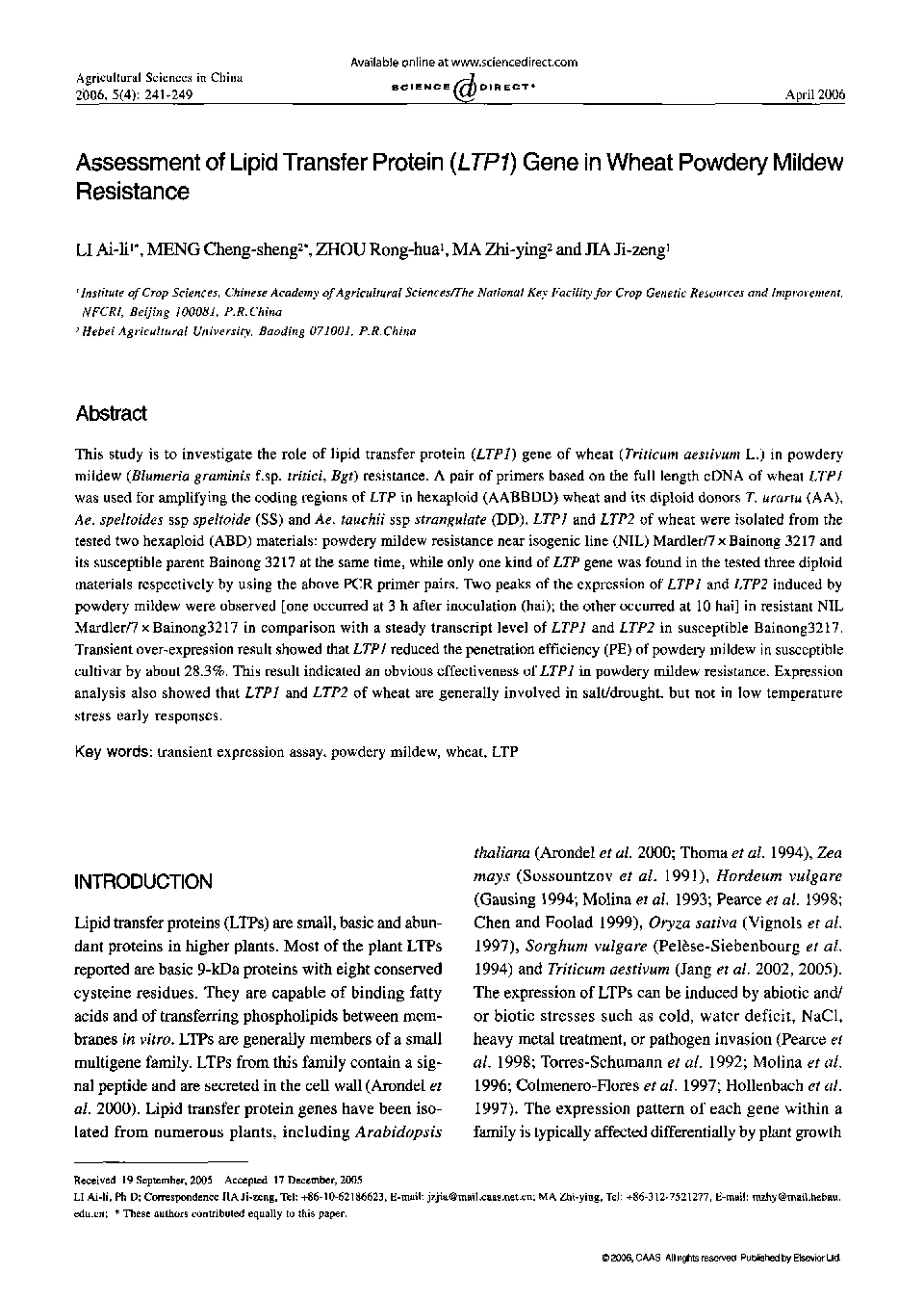 Assessment of Lipid Transfer Protein (LTP1) Gene in Wheat Powdery Mildew Resistance