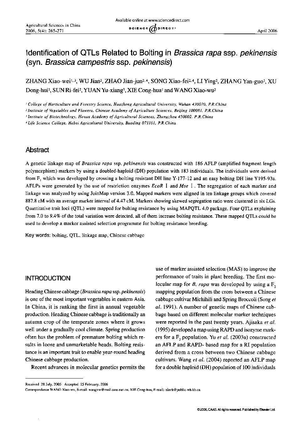 Identification of QTLs Related to Bolting in Brassica rapa ssp. pekinensis (syn. Brassica campestris ssp. pekinensis)