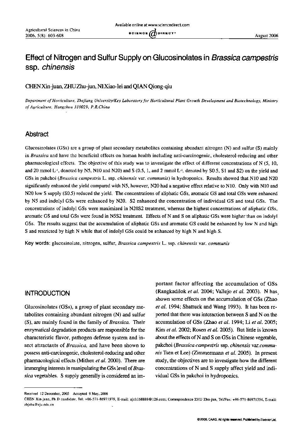 Effect of Nitrogen and Sulfur Supply on Glucosinolates in Brassica campestris ssp. chinensis