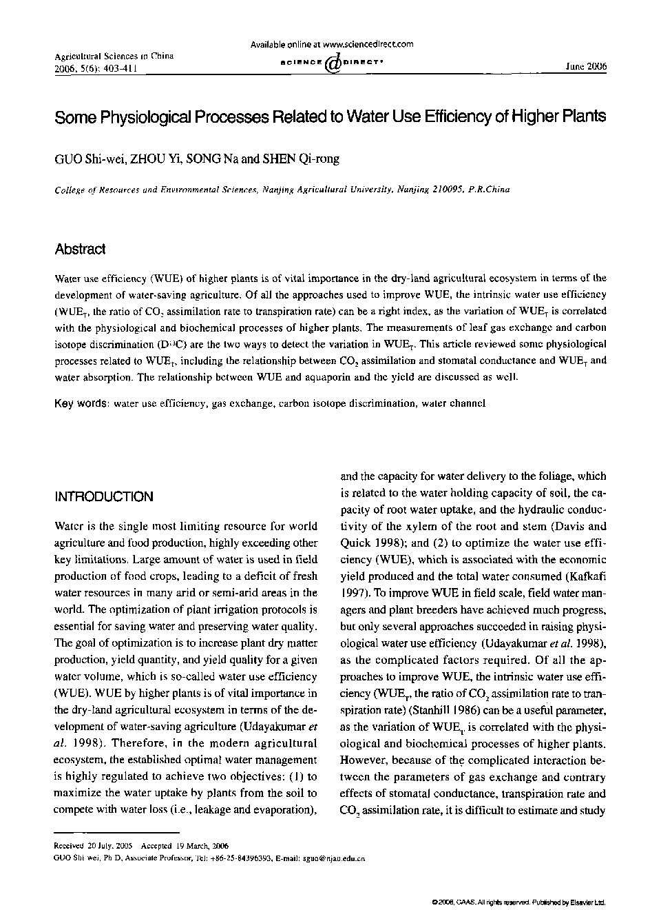 Some Physiological Processes Related to Water Use Efficiency of Higher Plants