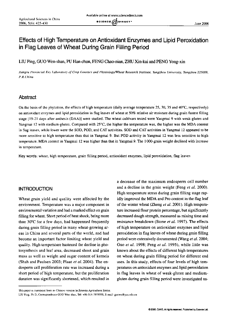 Effects of High Temperature on Antioxidant Enzymes and Lipid Peroxidation in Flag Leaves of Wheat During Grain Filling Period 