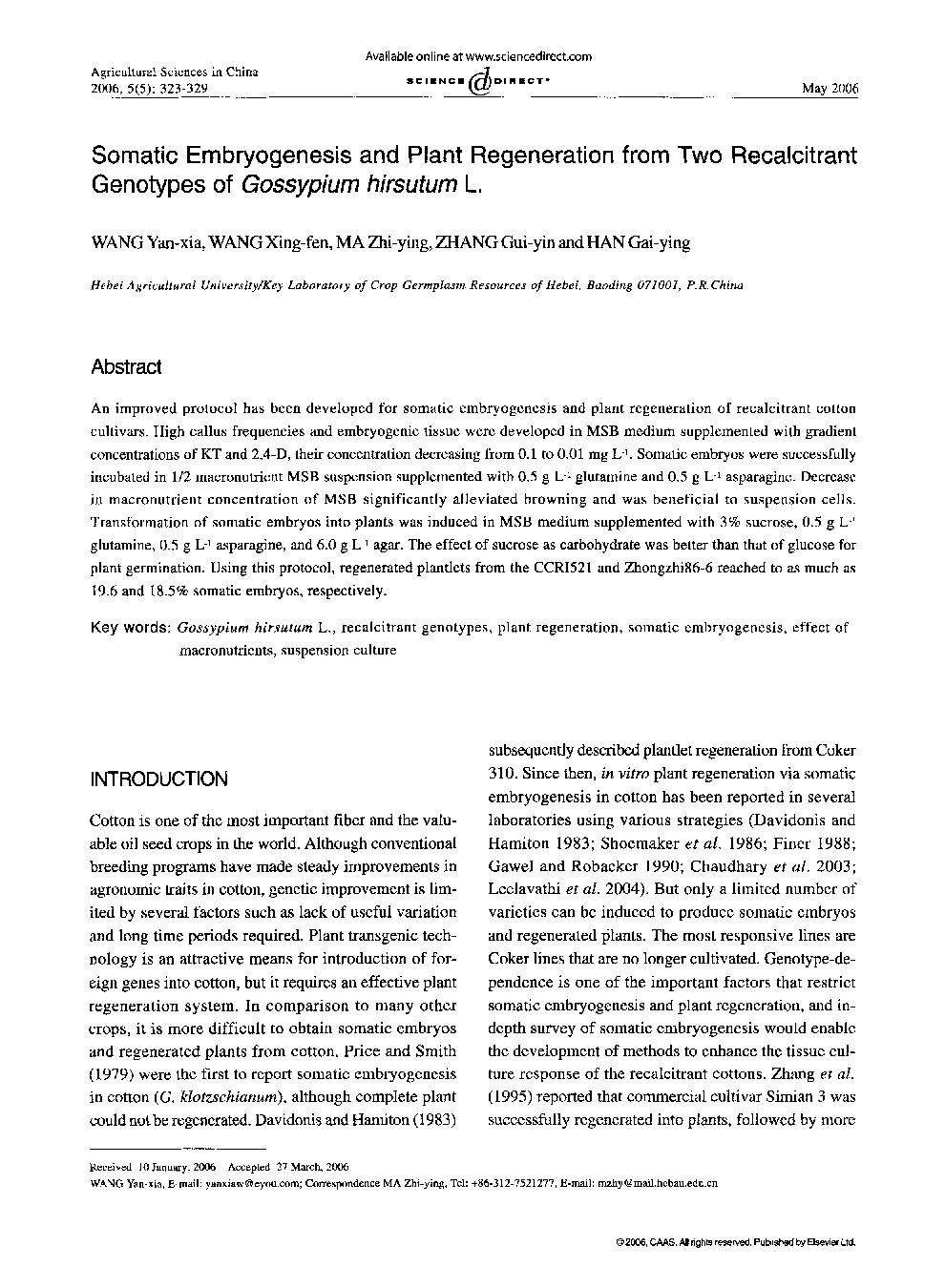Somatic Embryogenesis and Plant Regeneration from Two Recalcitrant Genotypes of Gossypium hirsutum L.