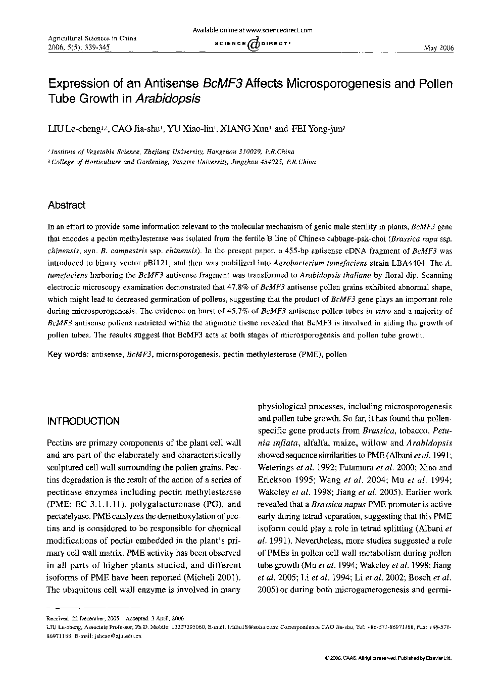 Expression of an Antisense BcMF3 Affects Microsporogenesis and Pollen Tube Growth in Arabidopsis