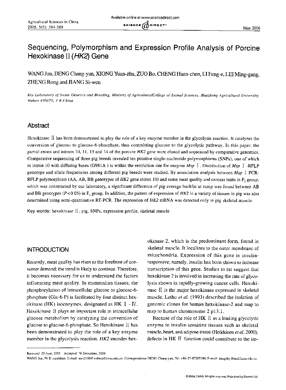 Sequencing, Polymorphism and Expression Profile Analysis of Porcine Hexokinase II (HK2) Gene