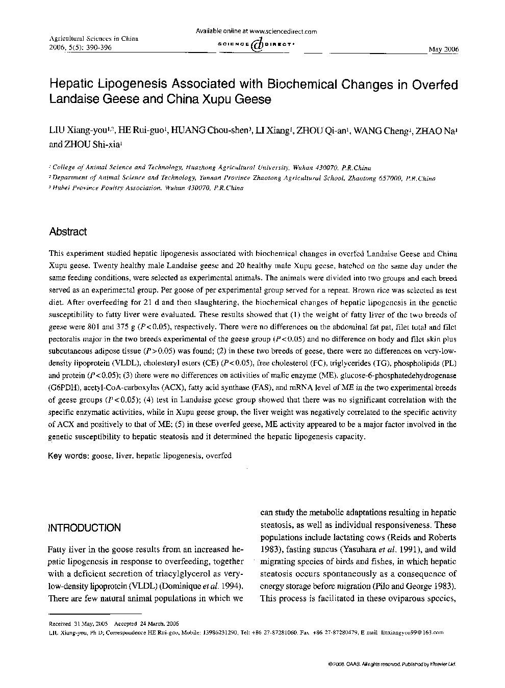 Hepatic Lipogenesis Associated with Biochemical Changes in Overfed Landaise Geese and China Xupu Geese