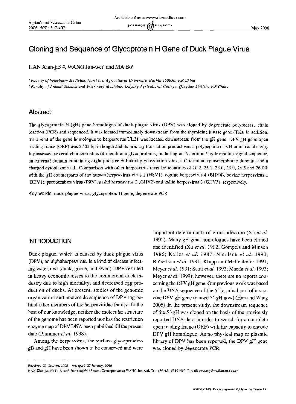 Cloning and Sequence of Glycoprotein H Gene of Duck Plague Virus