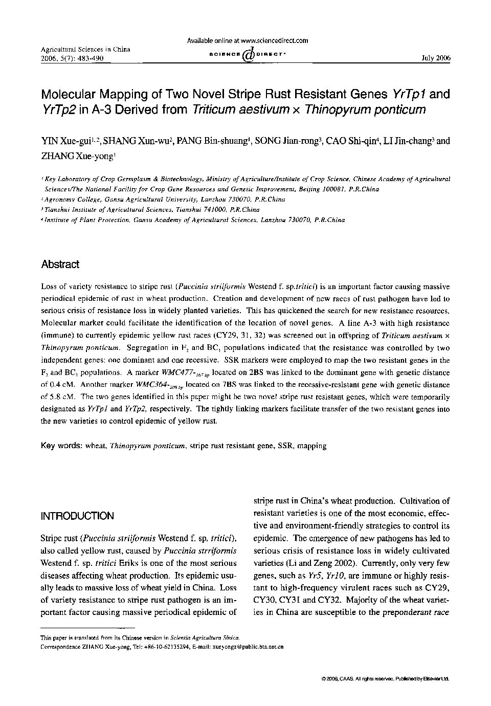 Molecular Mapping of Two Novel Stripe Rust Resistant Genes YrTp1 and YrTp2 in A-3 Derived from Triticum aestivum × Thinopyrum ponticum 