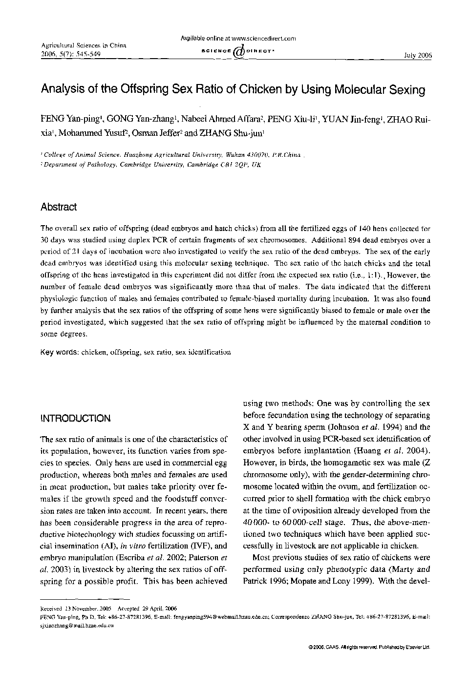 Analysis of the Offspring Sex Ratio of Chicken by Using Molecular Sexing