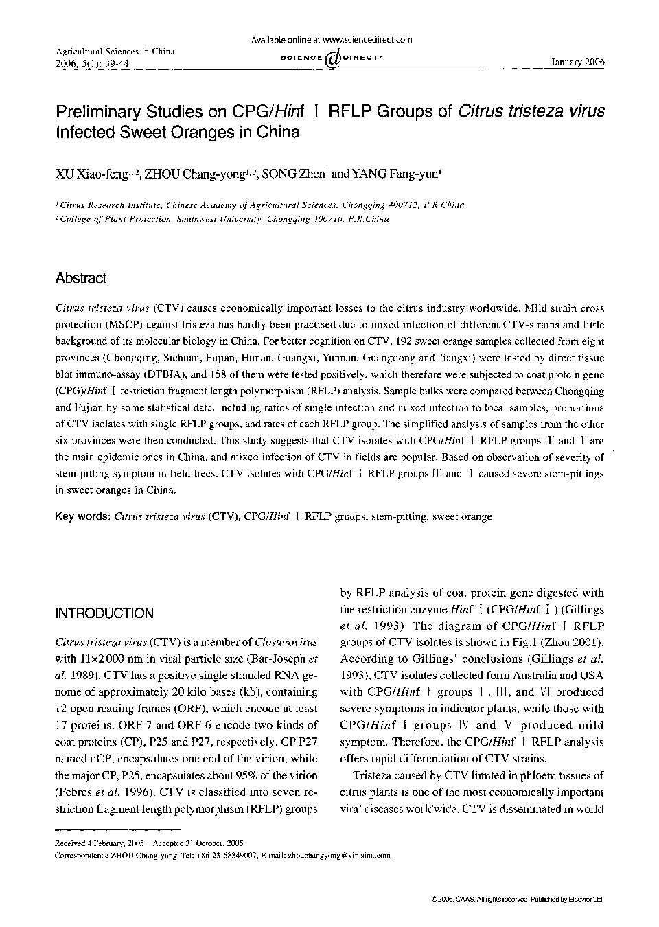 Preliminary Studies on CPG/Hinf I RFLP Groups of Citrus tristeza virus Infected Sweet Oranges in China