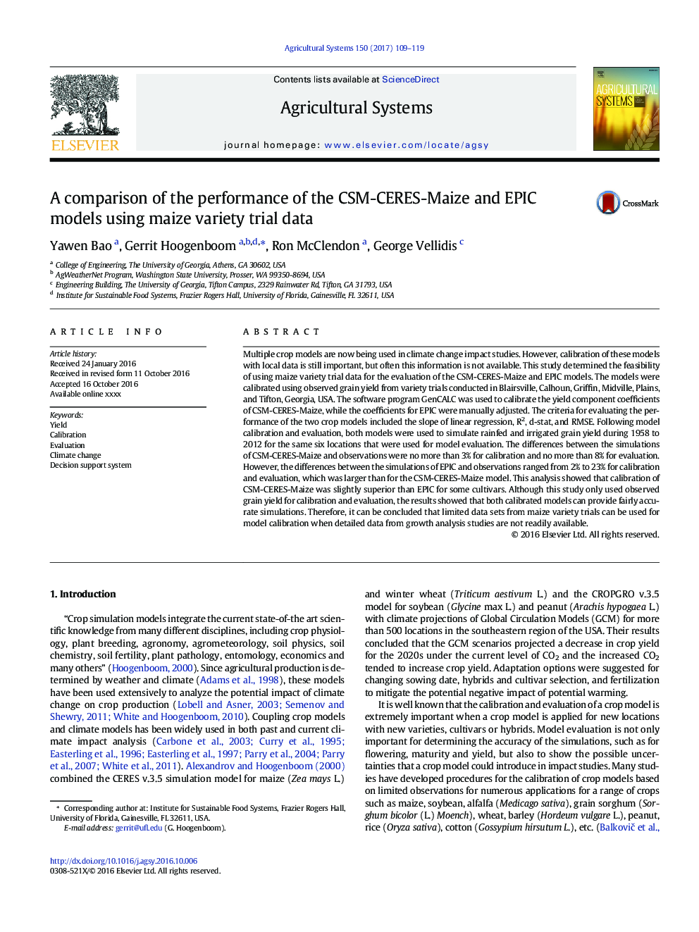 مقایسه عملکرد مدل های CSM-CERES ذرت و EPIC با استفاده از داده های آزمایش انواع ذرت