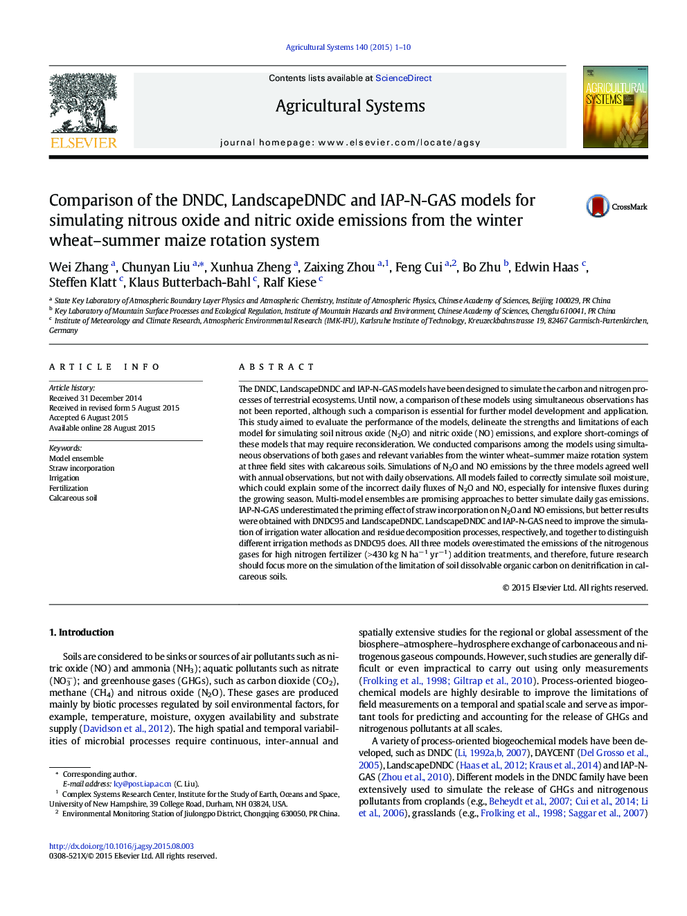 Comparison of the DNDC, LandscapeDNDC and IAP-N-GAS models for simulating nitrous oxide and nitric oxide emissions from the winter wheat–summer maize rotation system