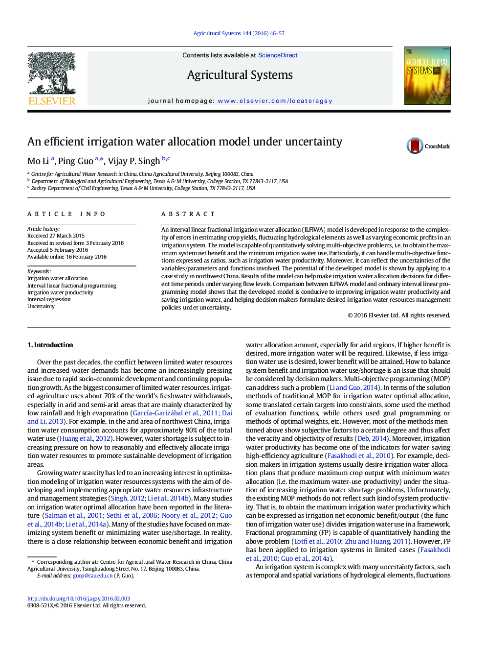 An efficient irrigation water allocation model under uncertainty