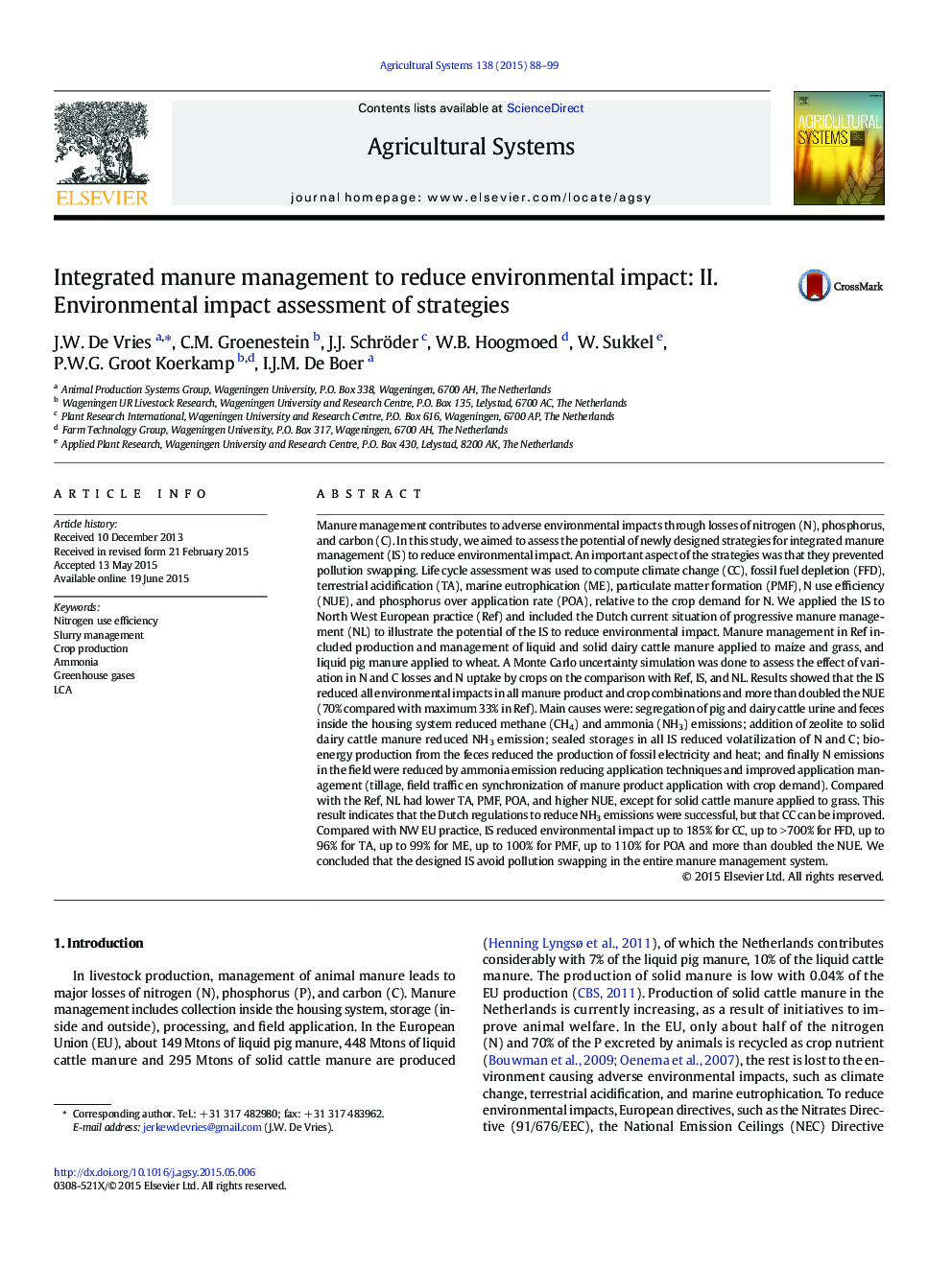 Integrated manure management to reduce environmental impact: II. Environmental impact assessment of strategies