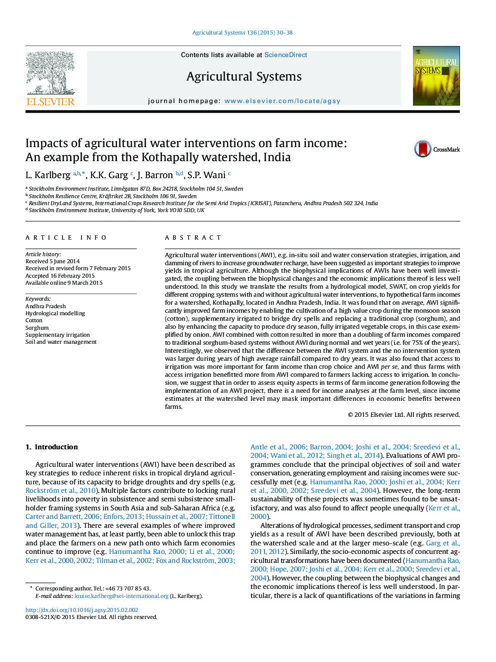 Impacts of agricultural water interventions on farm income: An example from the Kothapally watershed, India