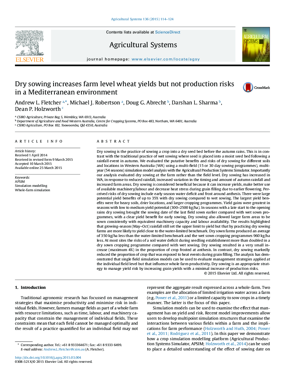 Dry sowing increases farm level wheat yields but not production risks in a Mediterranean environment