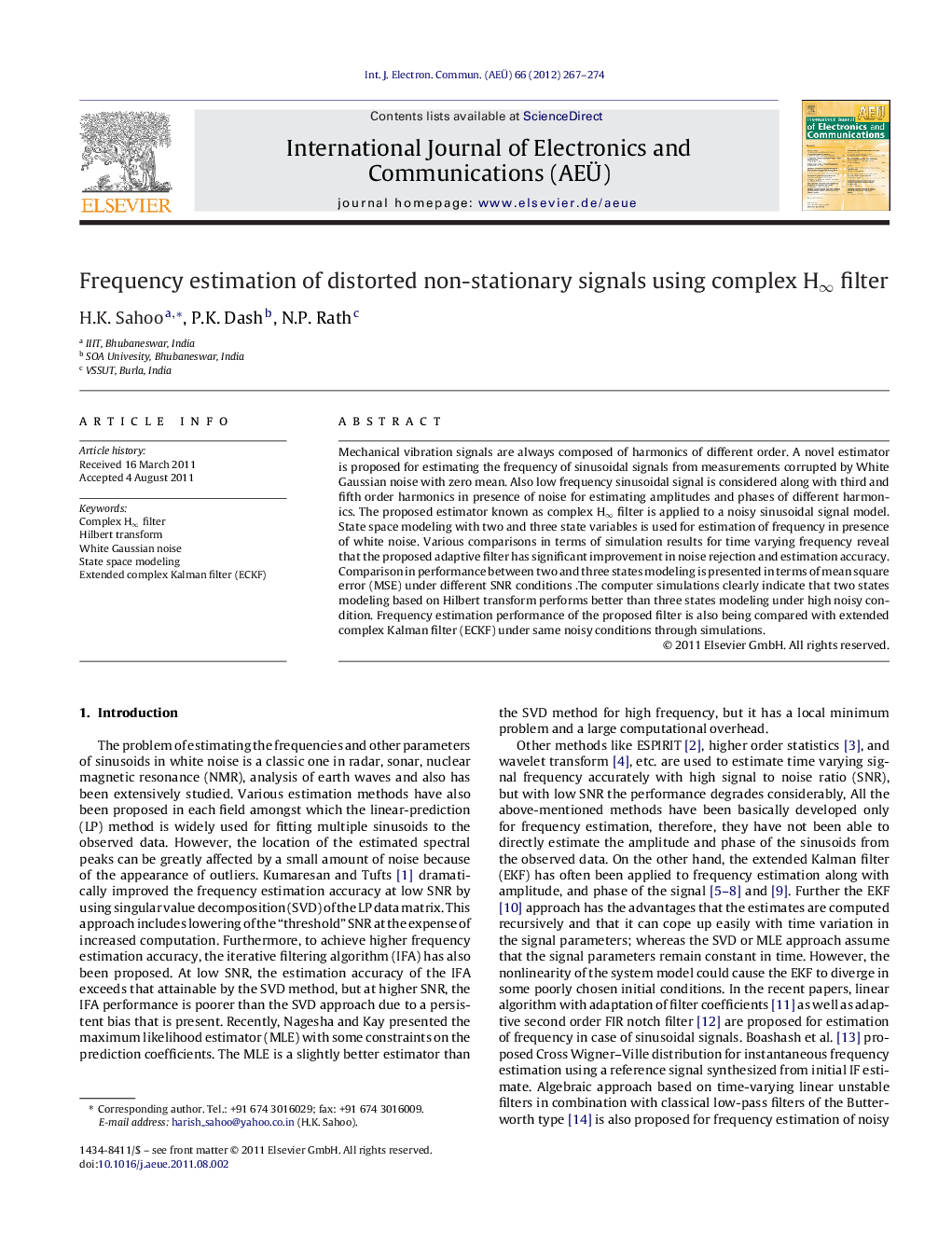 Frequency estimation of distorted non-stationary signals using complex H∞ filter