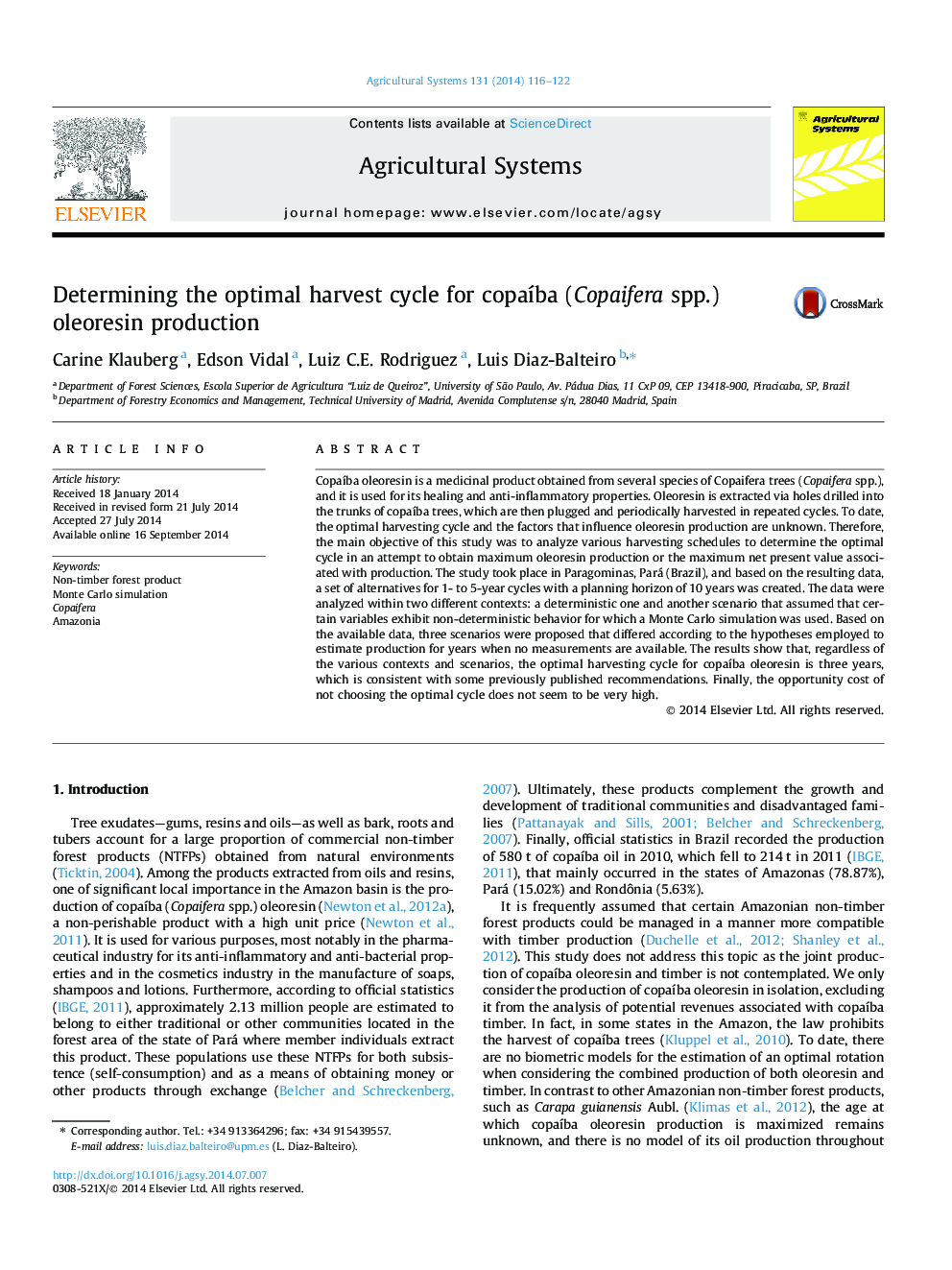 Determining the optimal harvest cycle for copaíba (Copaifera spp.) oleoresin production