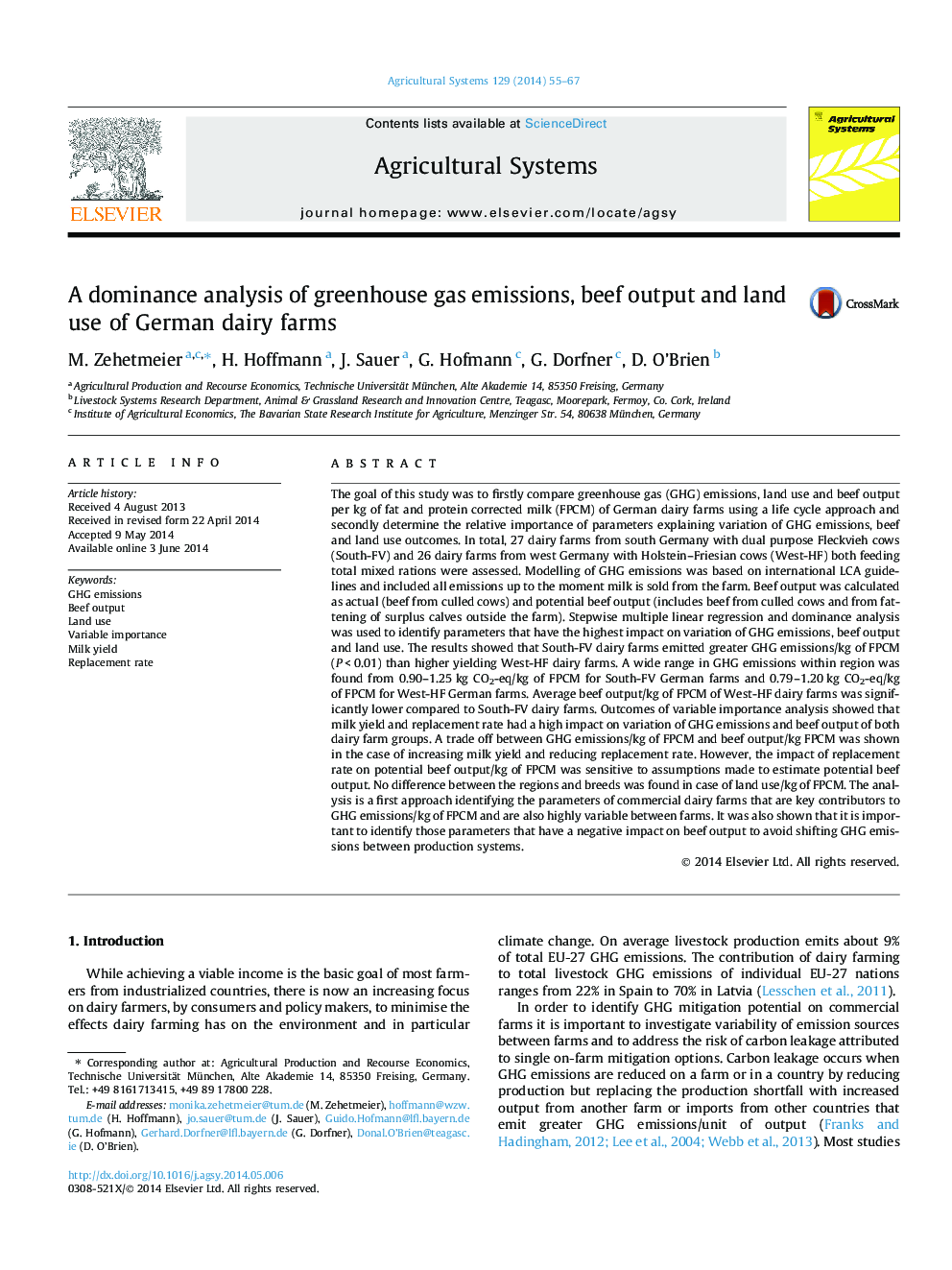 A dominance analysis of greenhouse gas emissions, beef output and land use of German dairy farms