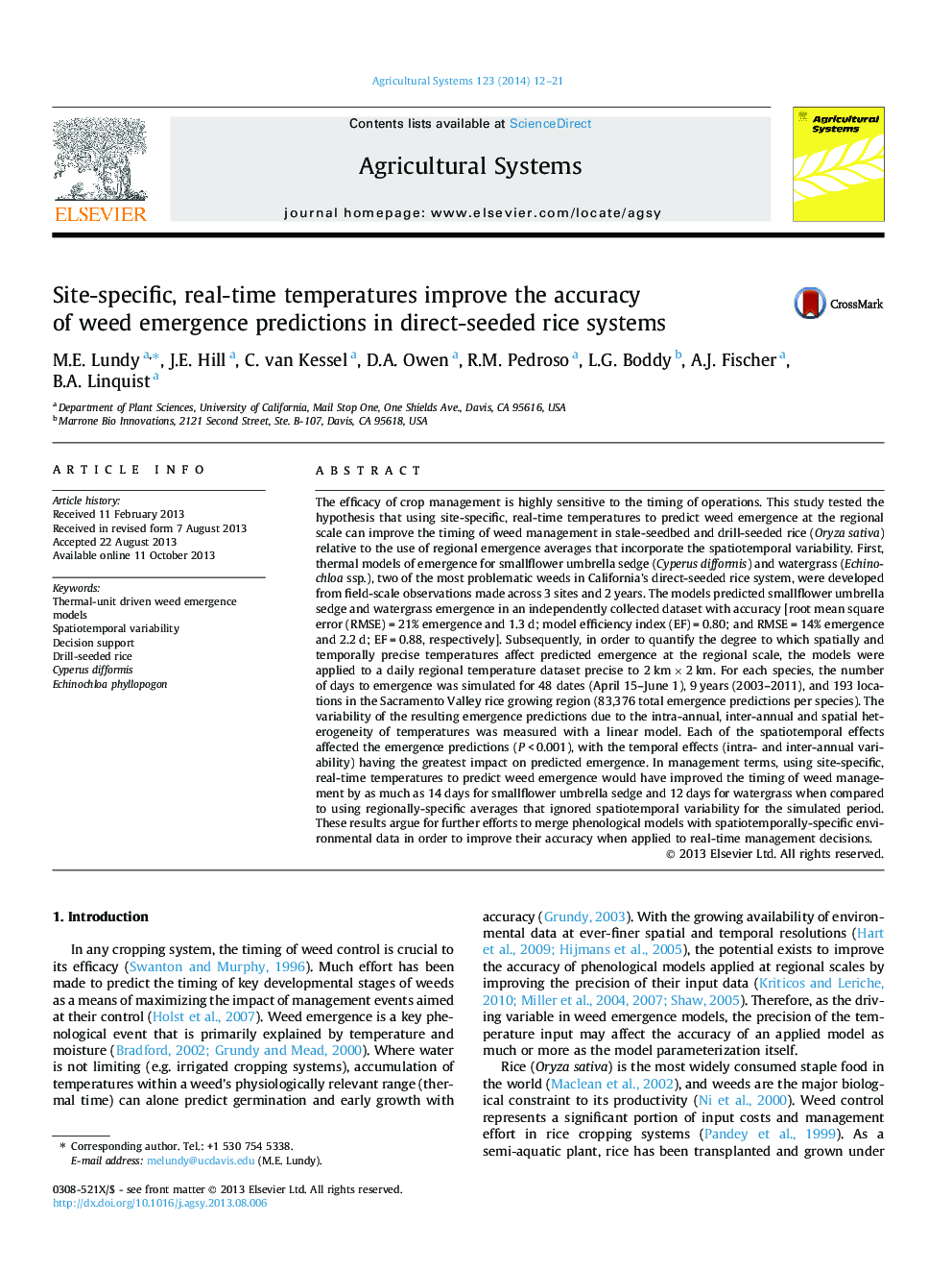 Site-specific, real-time temperatures improve the accuracy of weed emergence predictions in direct-seeded rice systems