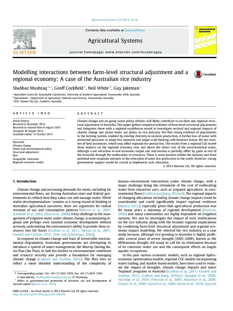 Modelling interactions between farm-level structural adjustment and a regional economy: A case of the Australian rice industry