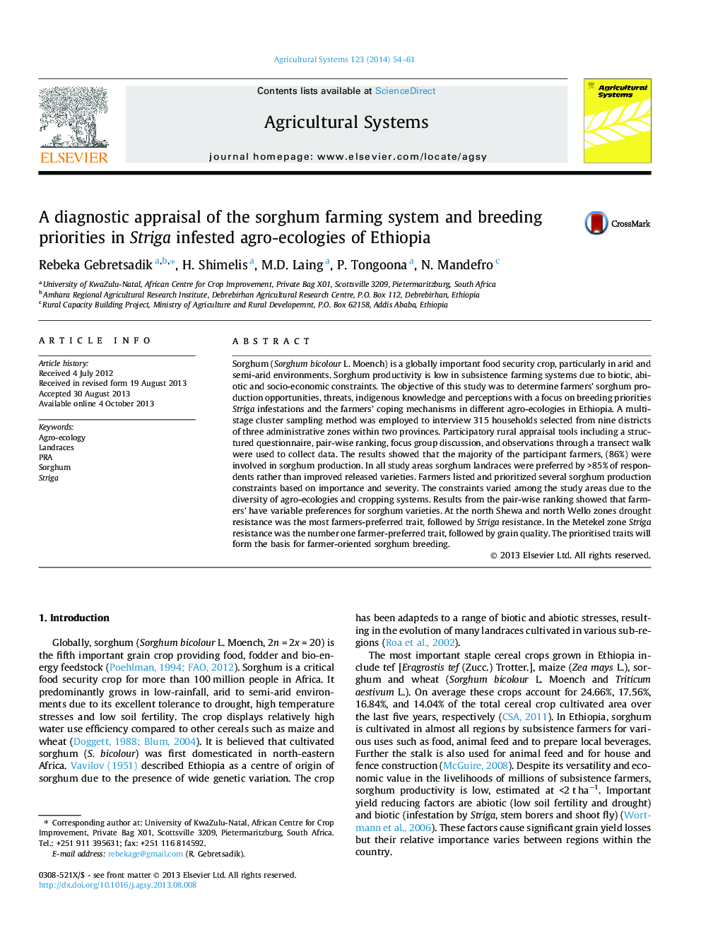 A diagnostic appraisal of the sorghum farming system and breeding priorities in Striga infested agro-ecologies of Ethiopia