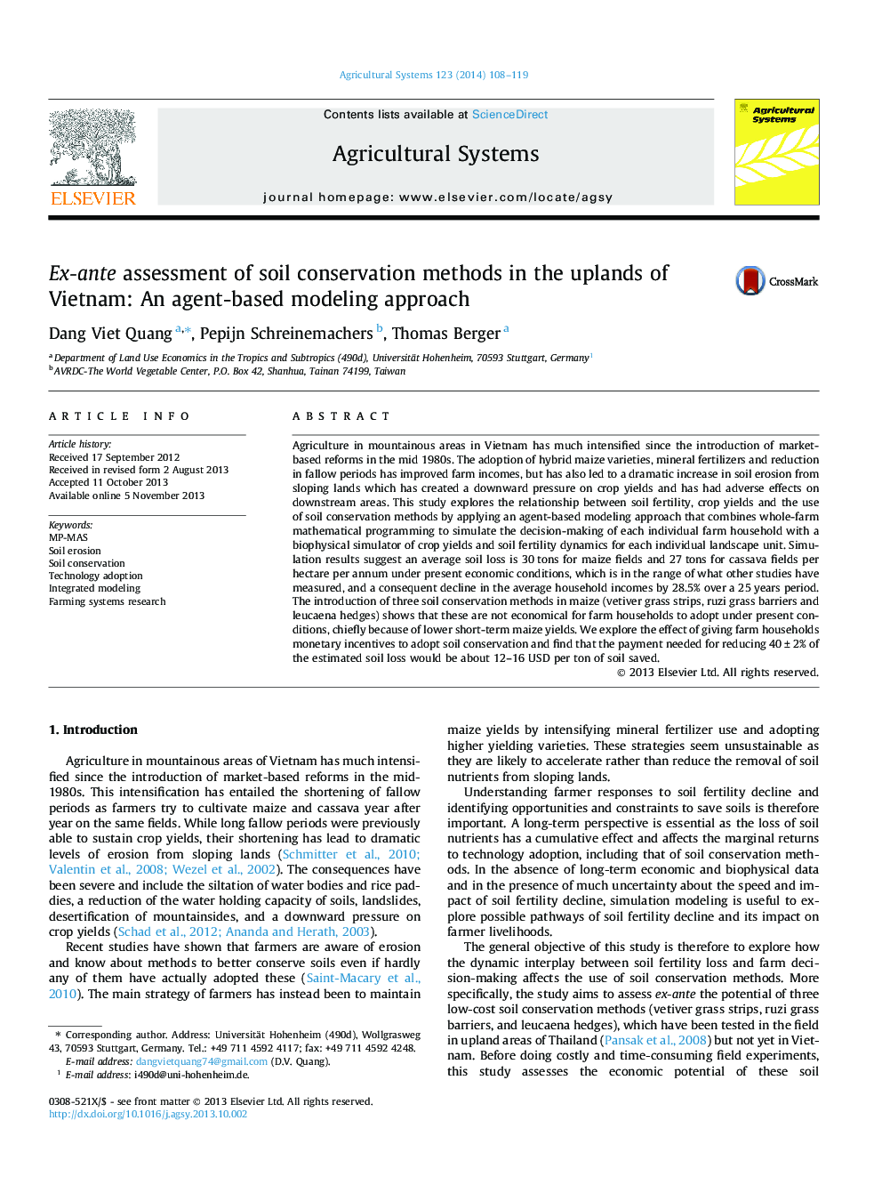 Ex-ante assessment of soil conservation methods in the uplands of Vietnam: An agent-based modeling approach