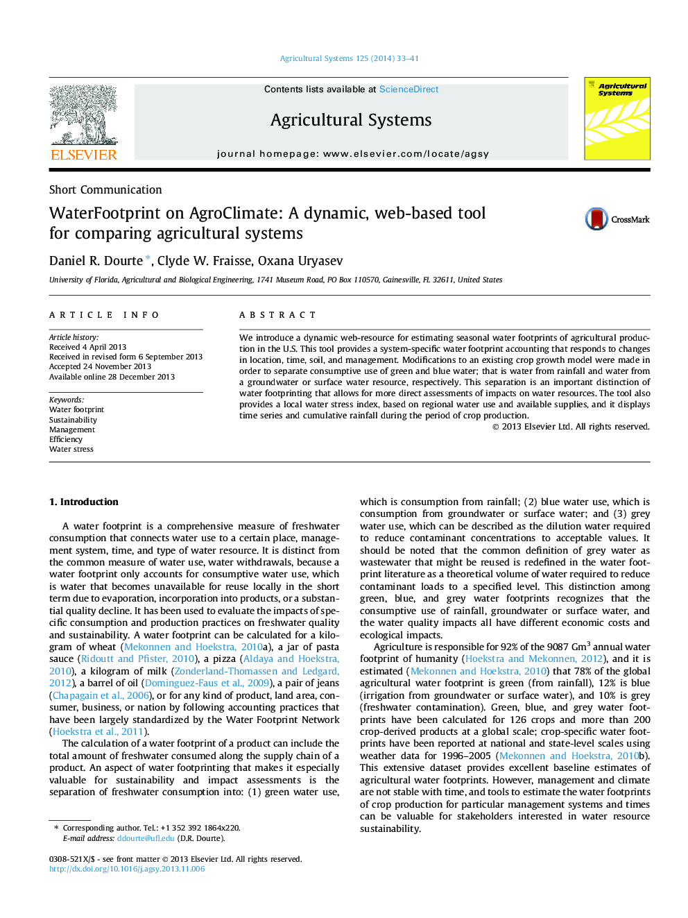 WaterFootprint on AgroClimate: A dynamic, web-based tool for comparing agricultural systems