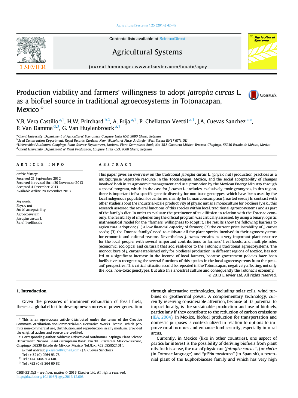 Production viability and farmers’ willingness to adopt Jatropha curcas L. as a biofuel source in traditional agroecosystems in Totonacapan, Mexico 