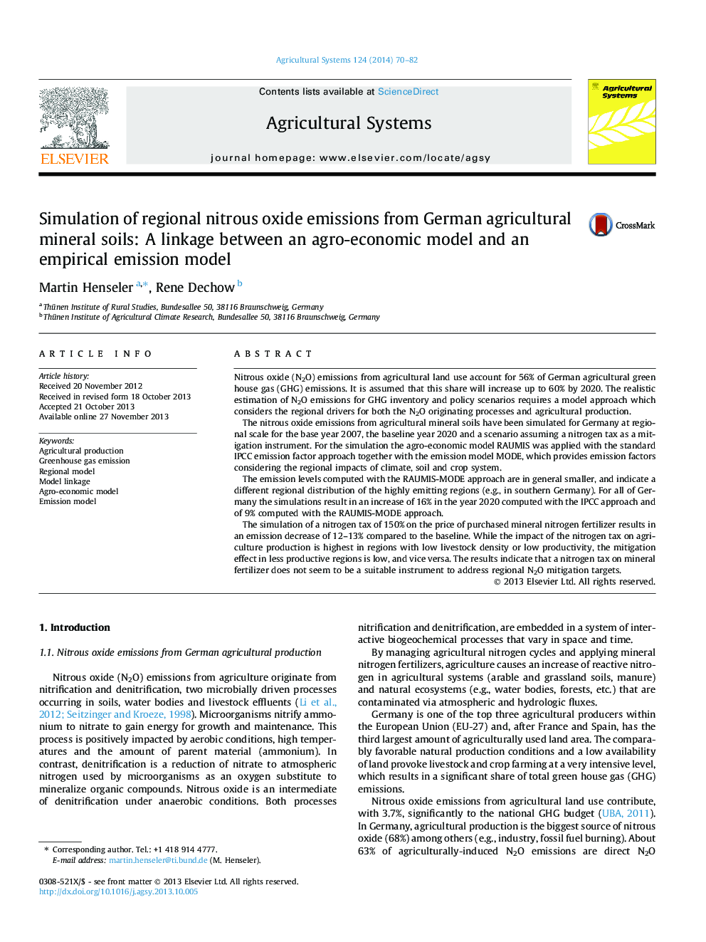 شبیه سازی انتشار اکسید نیتروژن منطقه ای از خاک های معدنی کشاورزی آلمان: پیوند بین یک مدل کشاورزی-اقتصادی و یک مدل انتشار تجربی 