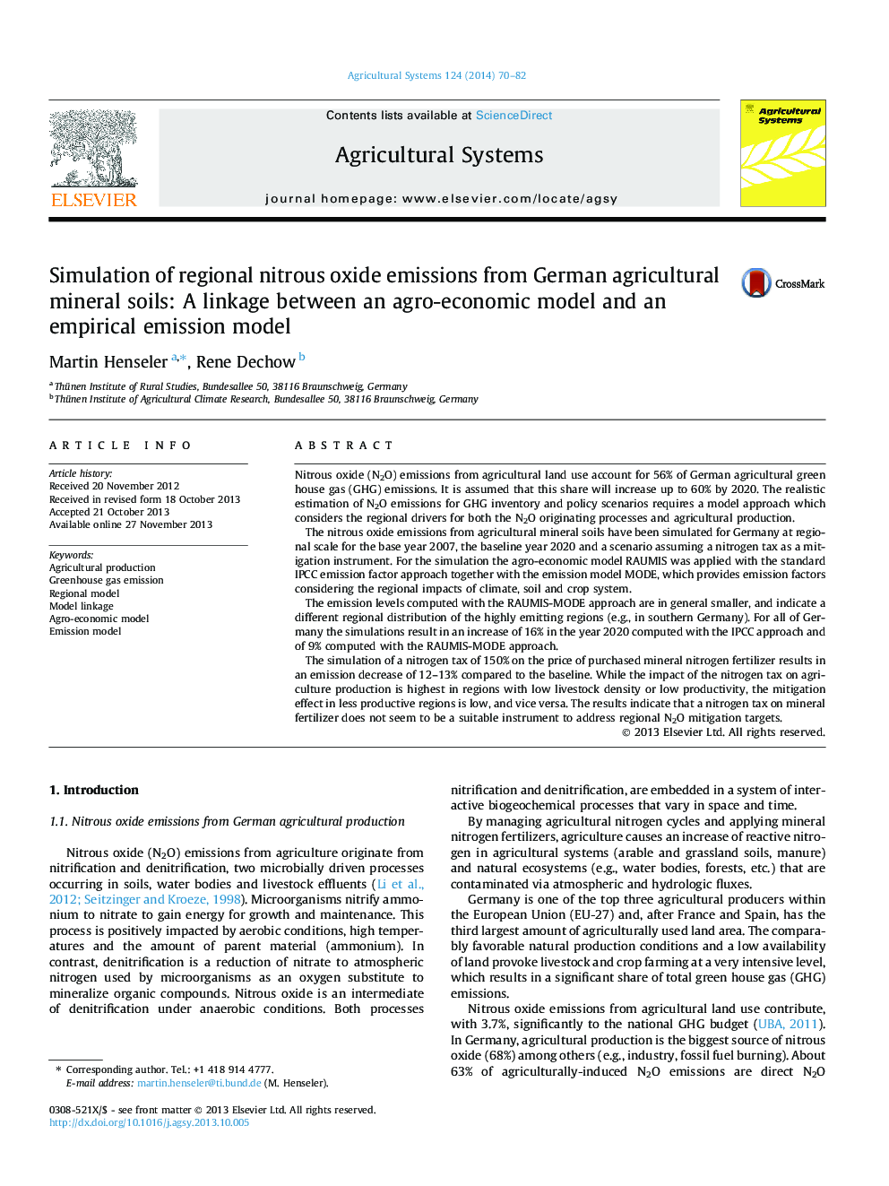 Simulation of regional nitrous oxide emissions from German agricultural mineral soils: A linkage between an agro-economic model and an empirical emission model