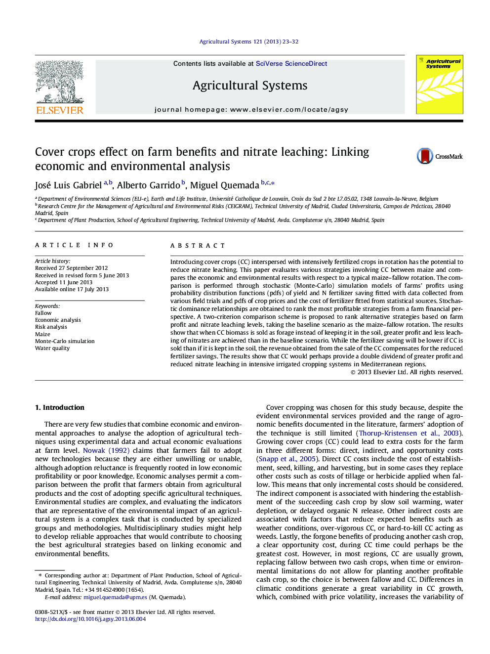 Cover crops effect on farm benefits and nitrate leaching: Linking economic and environmental analysis