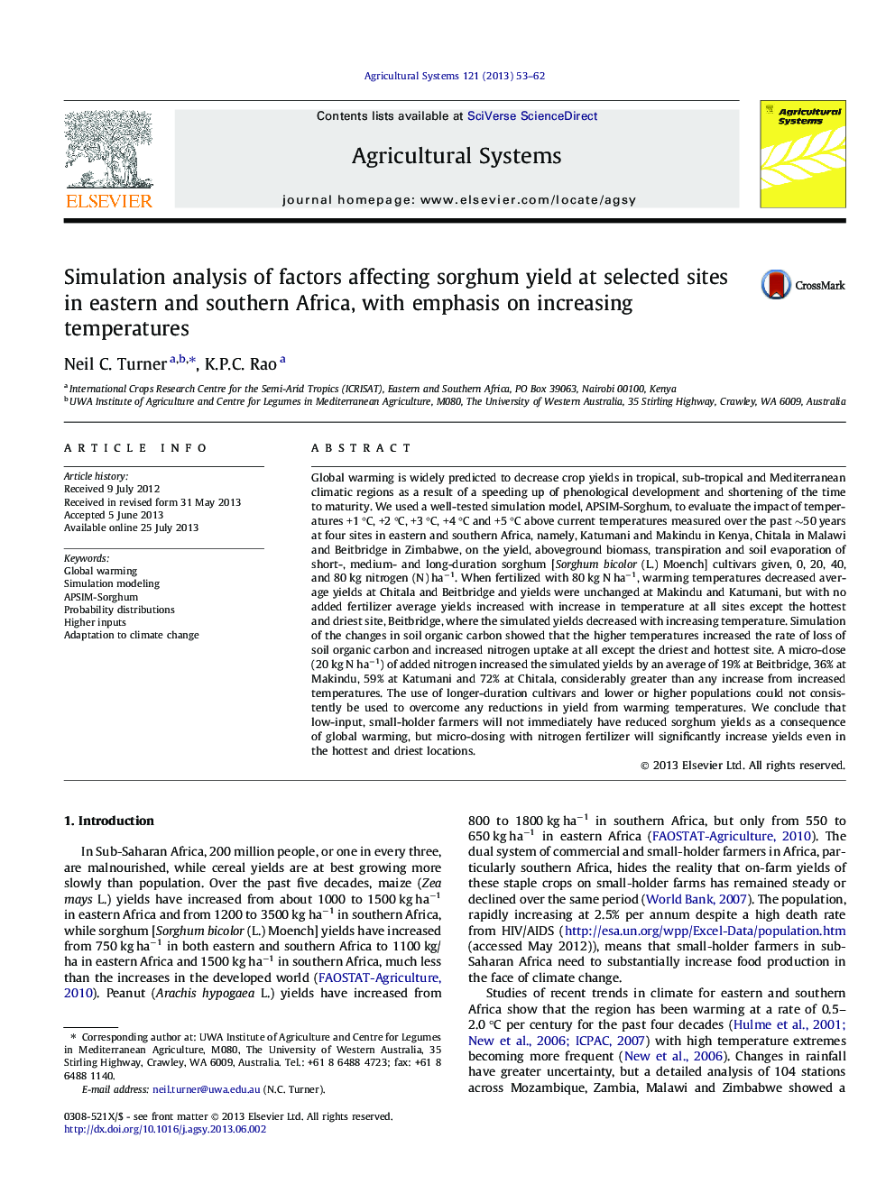 Simulation analysis of factors affecting sorghum yield at selected sites in eastern and southern Africa, with emphasis on increasing temperatures