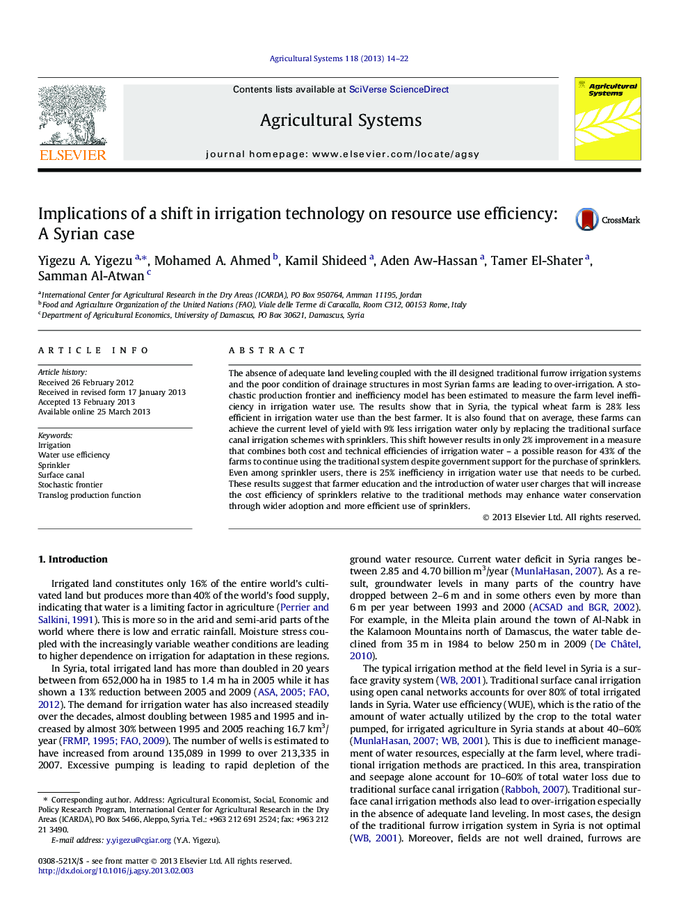 Implications of a shift in irrigation technology on resource use efficiency: A Syrian case