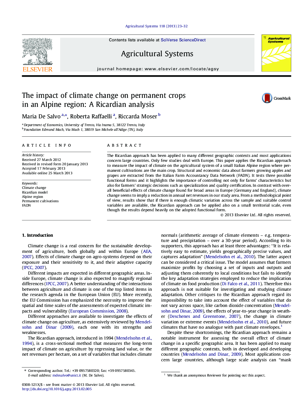 The impact of climate change on permanent crops in an Alpine region: A Ricardian analysis