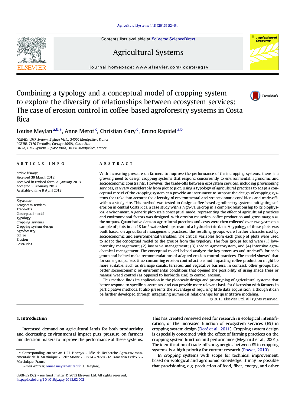 Combining a typology and a conceptual model of cropping system to explore the diversity of relationships between ecosystem services: The case of erosion control in coffee-based agroforestry systems in Costa Rica