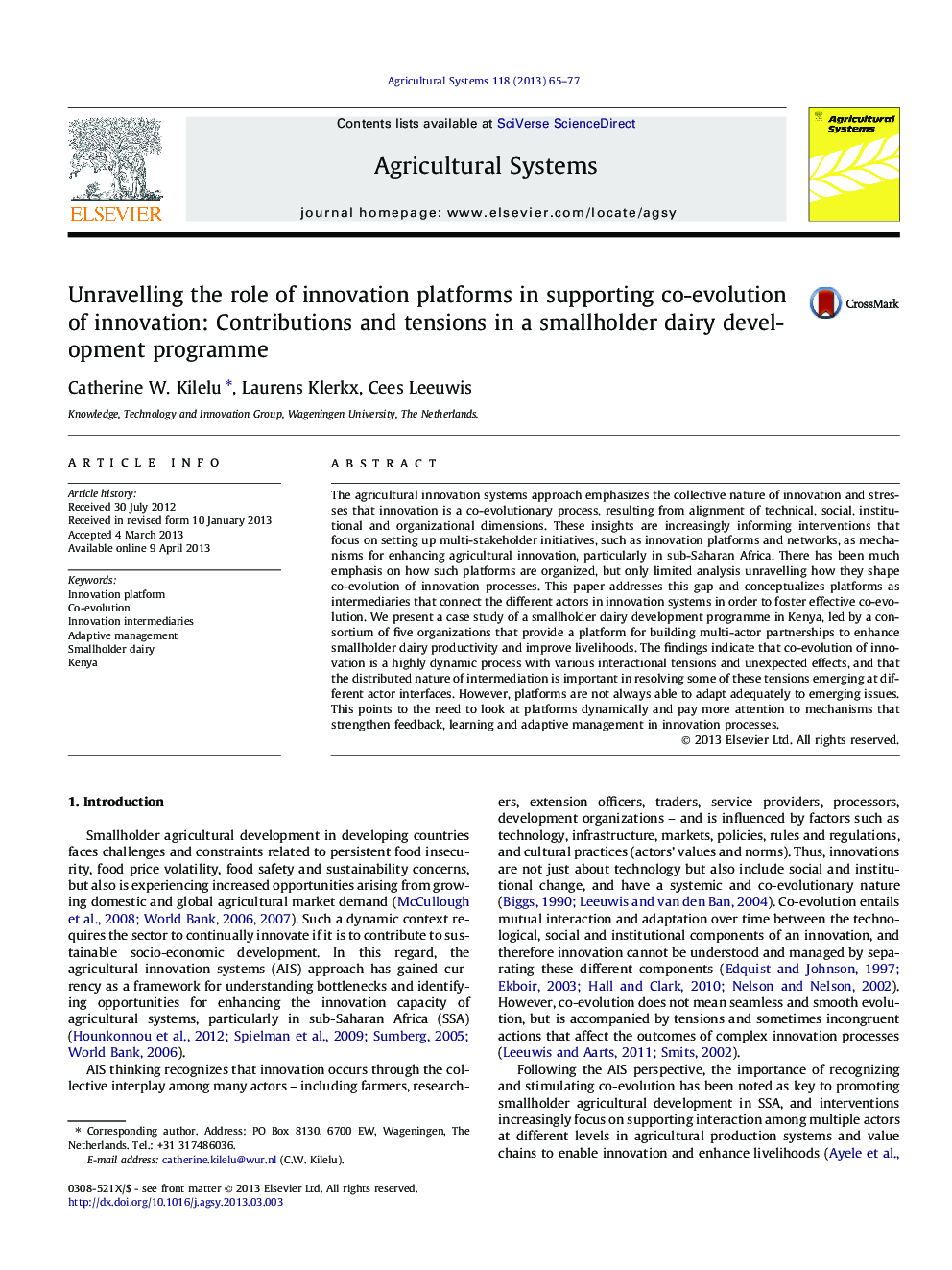 Unravelling the role of innovation platforms in supporting co-evolution of innovation: Contributions and tensions in a smallholder dairy development programme