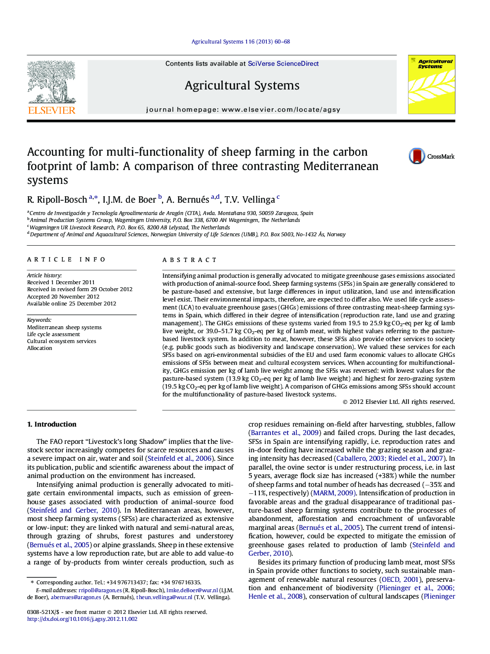 Accounting for multi-functionality of sheep farming in the carbon footprint of lamb: A comparison of three contrasting Mediterranean systems