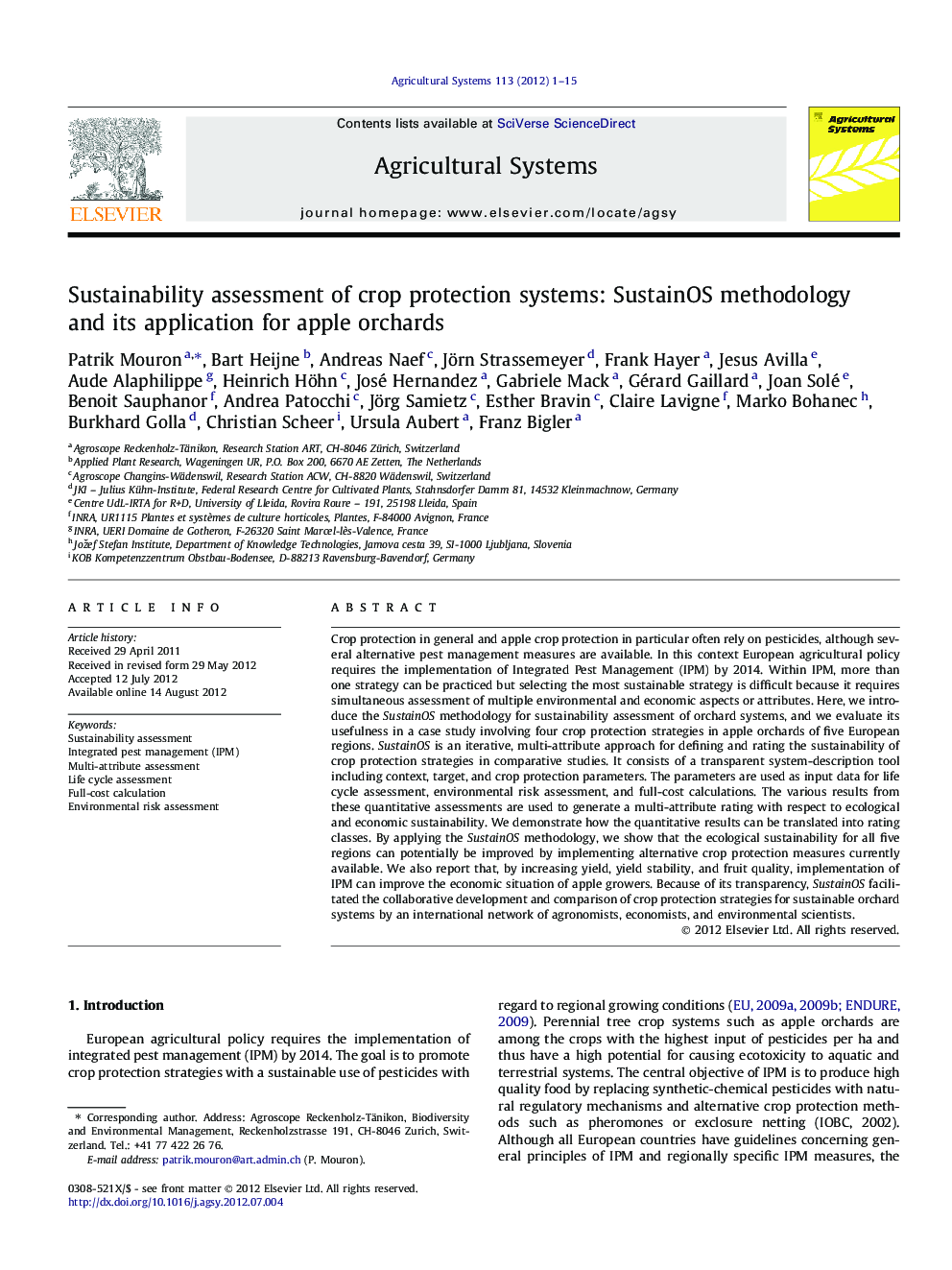 Sustainability assessment of crop protection systems: SustainOS methodology and its application for apple orchards