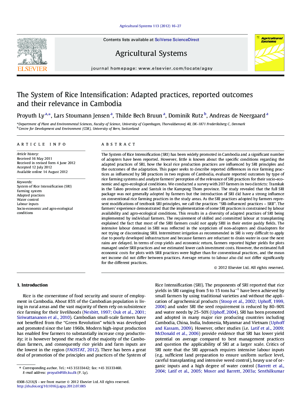The System of Rice Intensification: Adapted practices, reported outcomes and their relevance in Cambodia