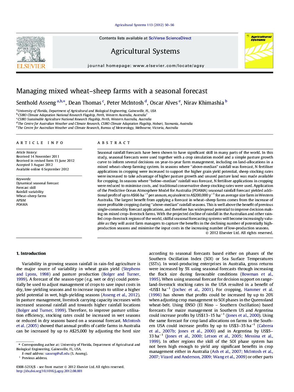 Managing mixed wheat–sheep farms with a seasonal forecast