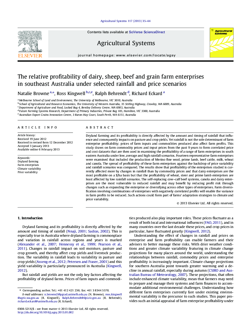 The relative profitability of dairy, sheep, beef and grain farm enterprises in southeast Australia under selected rainfall and price scenarios