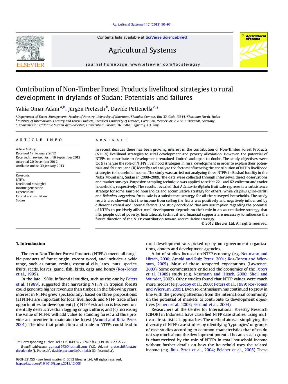 Contribution of Non-Timber Forest Products livelihood strategies to rural development in drylands of Sudan: Potentials and failures